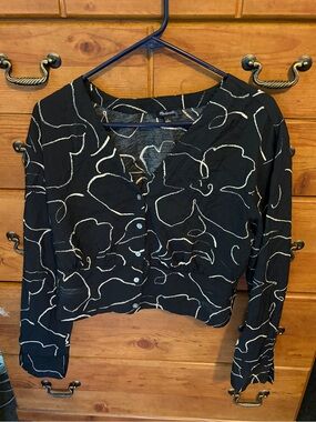 Madewell Black Button-Front Top with Cream Floral Outline